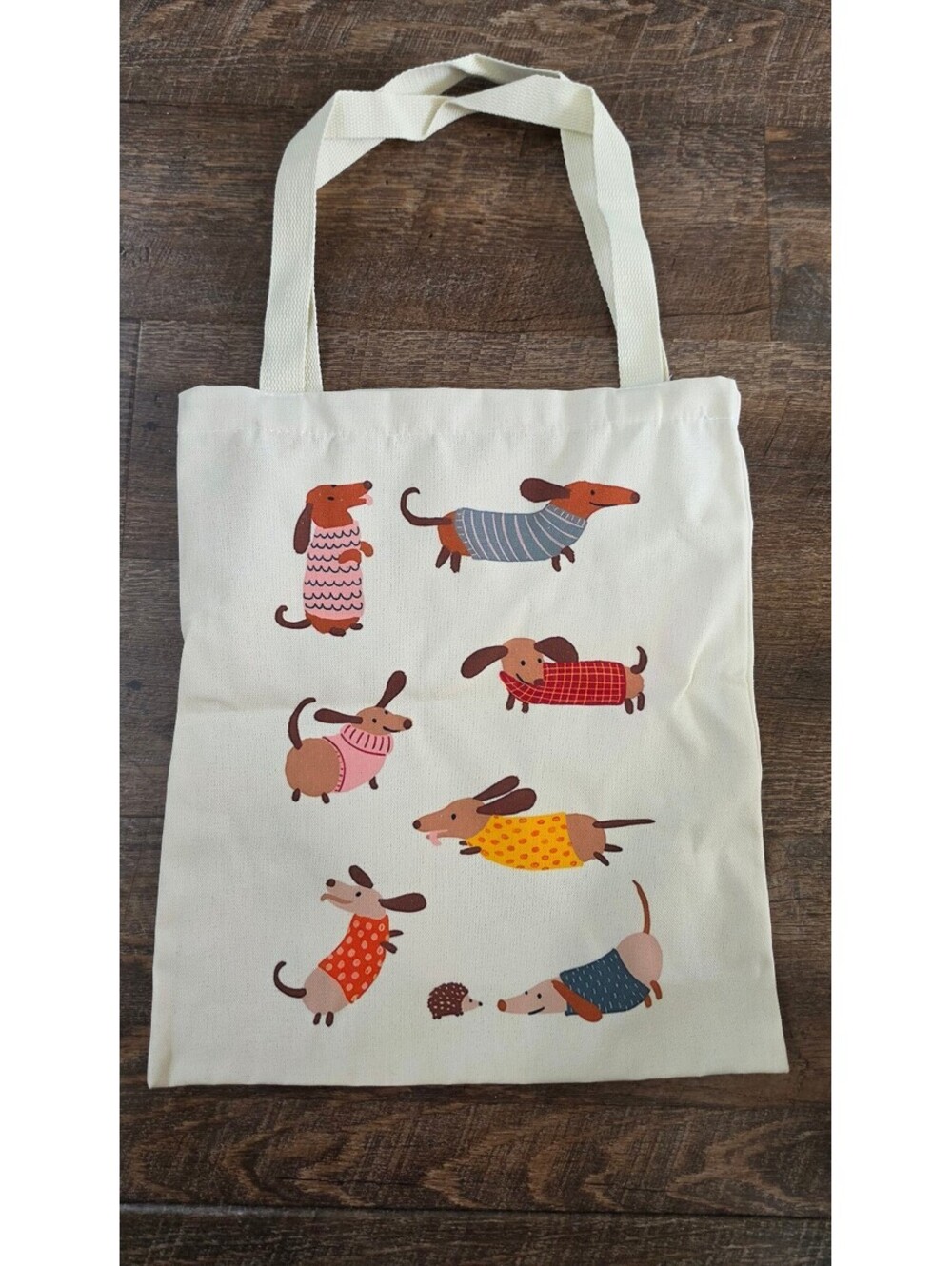Cream Tote Bag with Cute Dachshund Dog Print